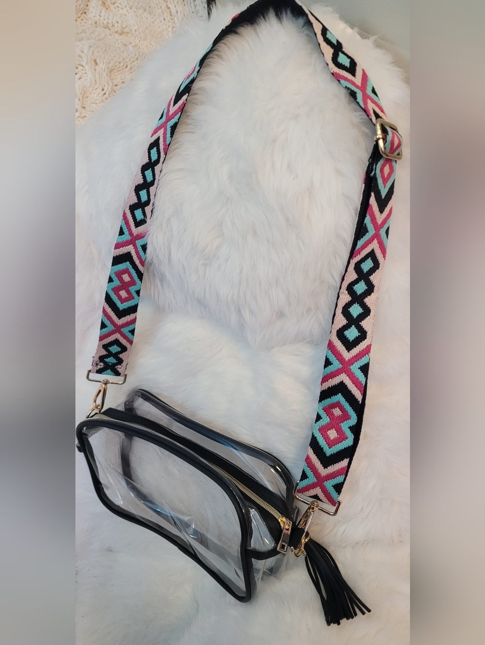 Clear Crossbody (Stadium Approved)Bag with Colorful Aztec Strap -Black Trim